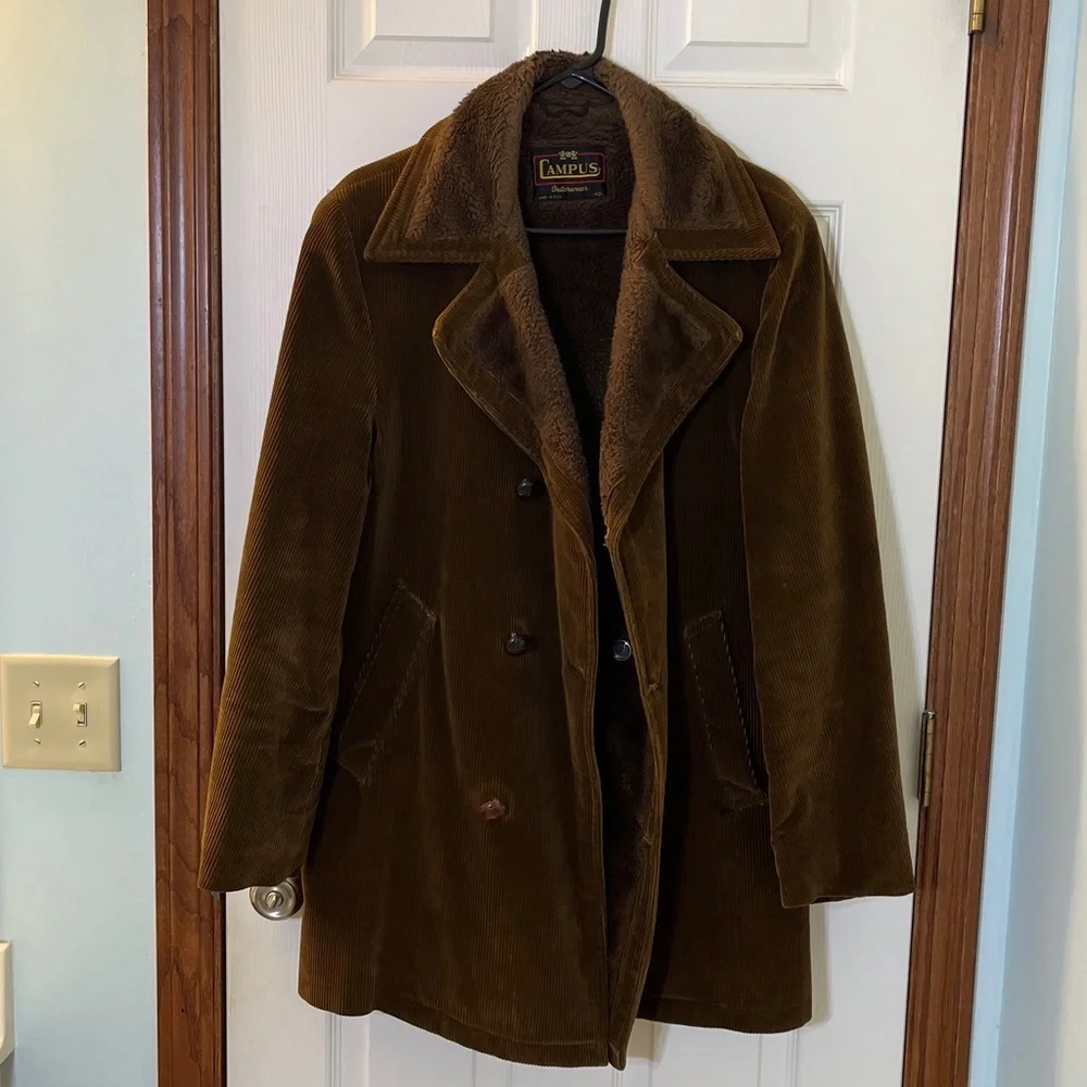 Vintage 70's Campus Outerwear Brown Corduroy Pea Coat Jacket Men's Sz 40 - USA